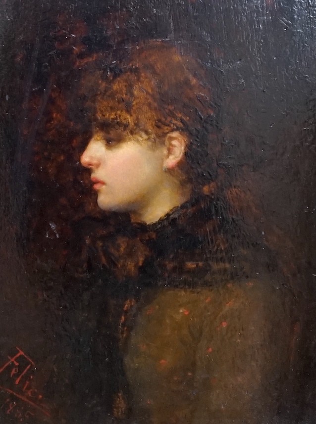 Felice, oil on panel, Portrait of a lady, signed and dated 1885, 32 x 23cm
